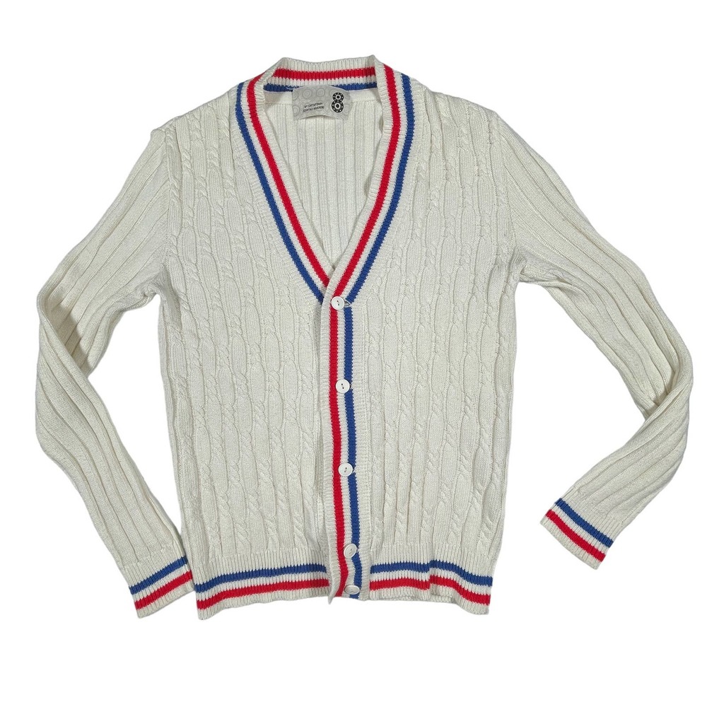 Men's Ivory Cable-Knit Cardigan with Red & Blue Trim